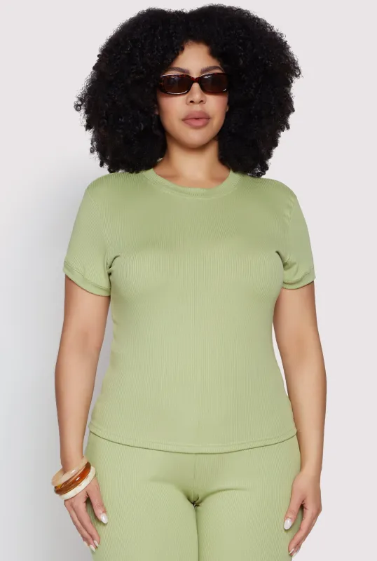 Plus Size Basic Ribbed Knit Crew Neck Top sold by Rainbow