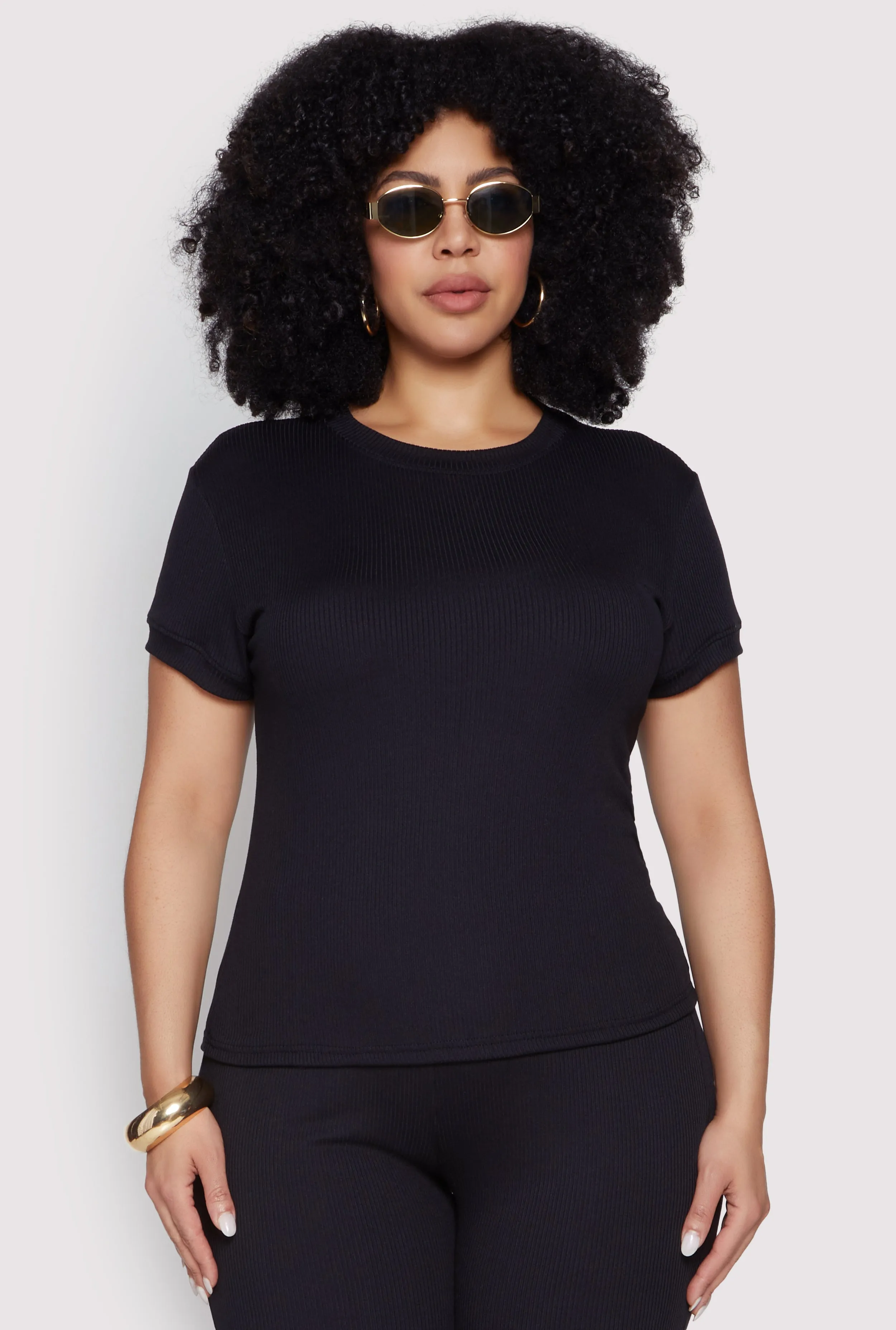 Plus Size Basic Ribbed Knit Crew Neck Top sold by Rainbow