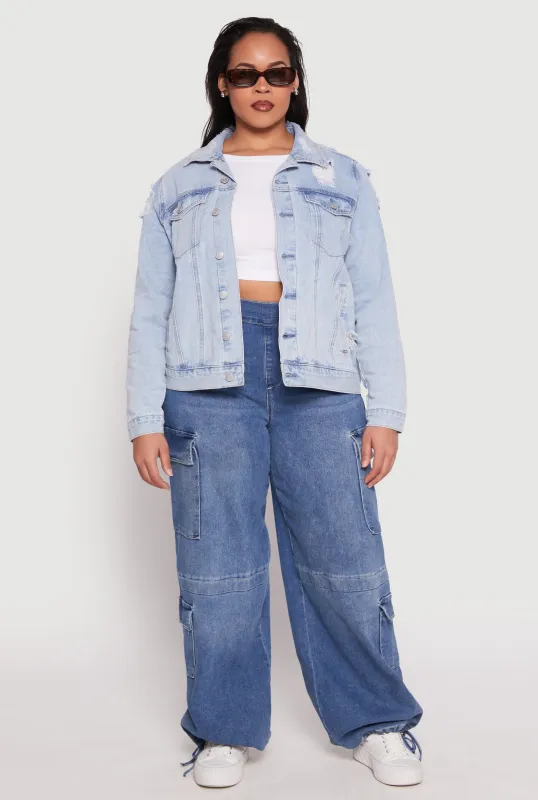 Plus Size Almost Famous Distressed Denim Jacket sold by Rainbow