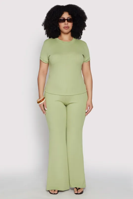 Plus Size Ribbed Knit High Waist Flared Pants sold by Rainbow