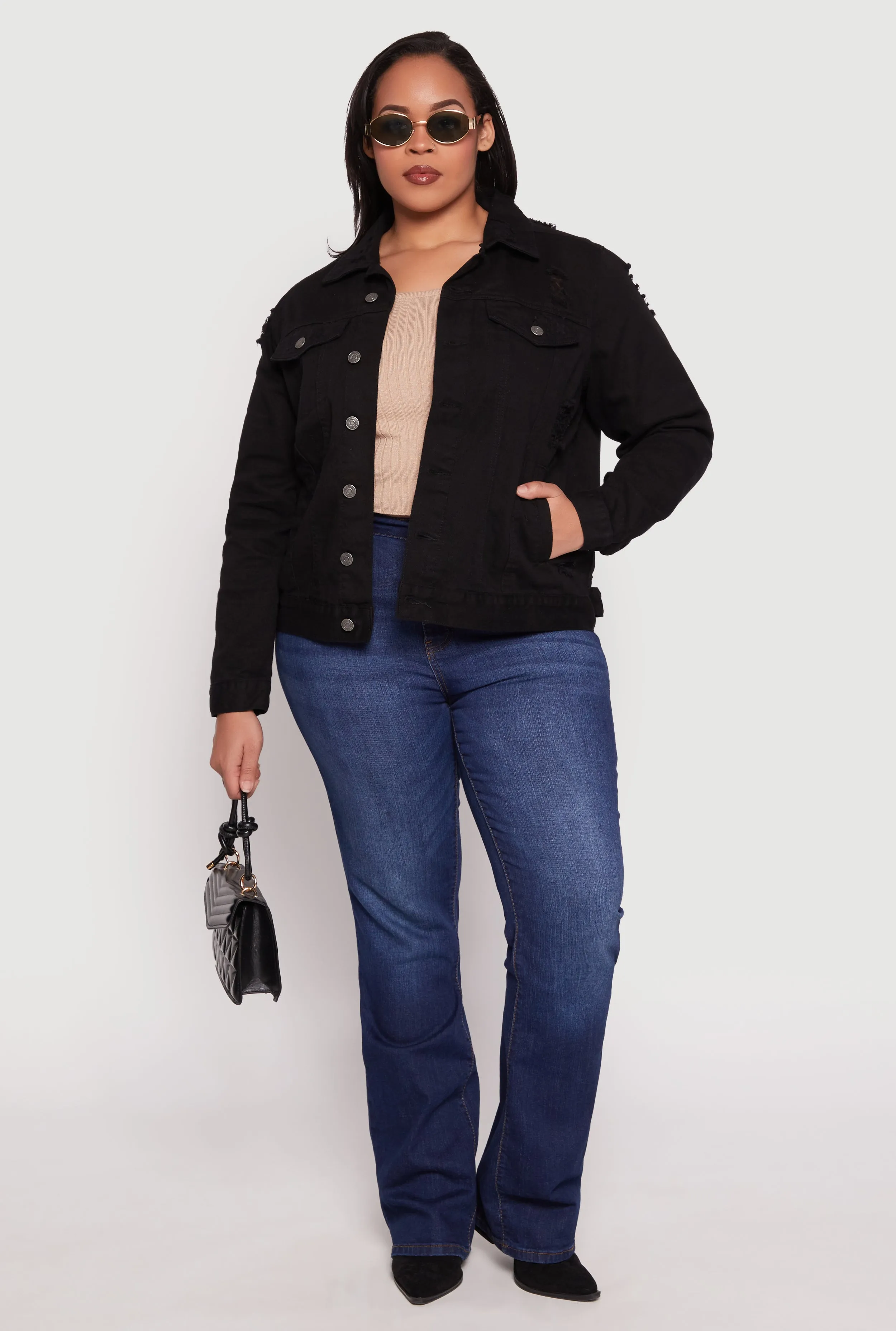 Plus Size Almost Famous Distressed Denim Jacket sold by Rainbow