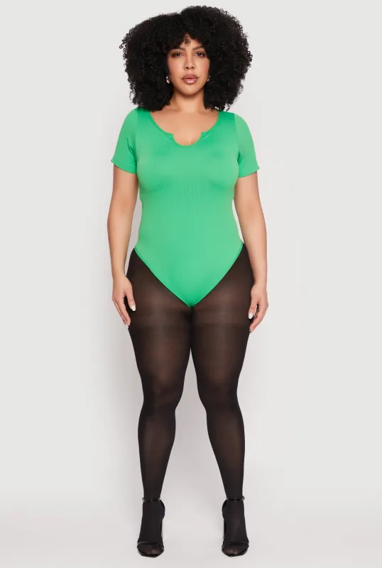 Plus Size Ribbed Knit Notch Neck Bodysuit sold by Rainbow
