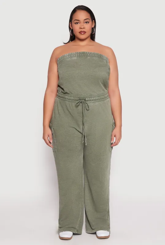 Plus Size Mineral Wash Cargo Pocket Jumpsuit sold by Rainbow