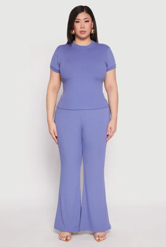 Plus Size Ribbed Knit High Waist Flared Pants sold by Rainbow