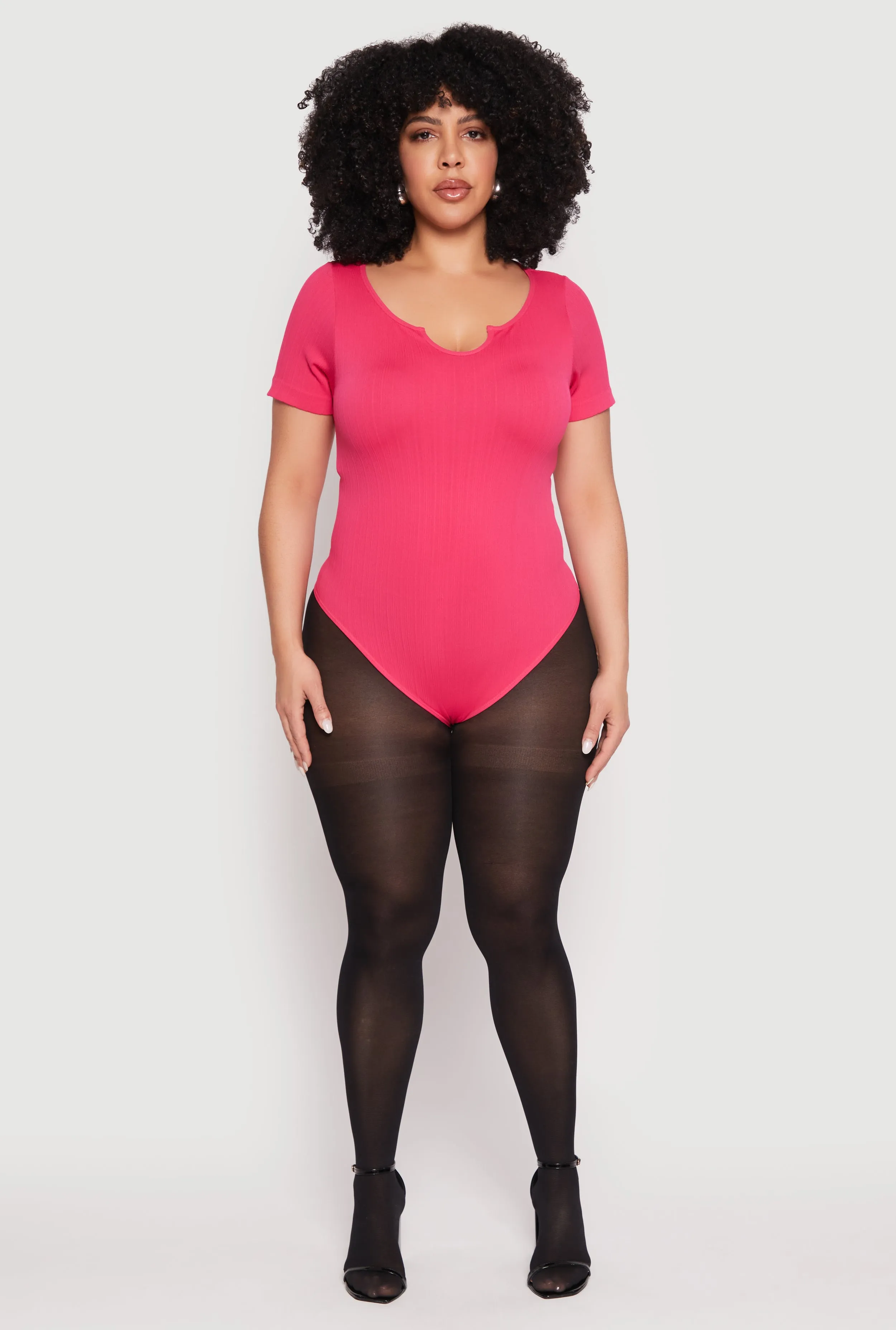 Plus Size Ribbed Knit Notch Neck Bodysuit sold by Rainbow