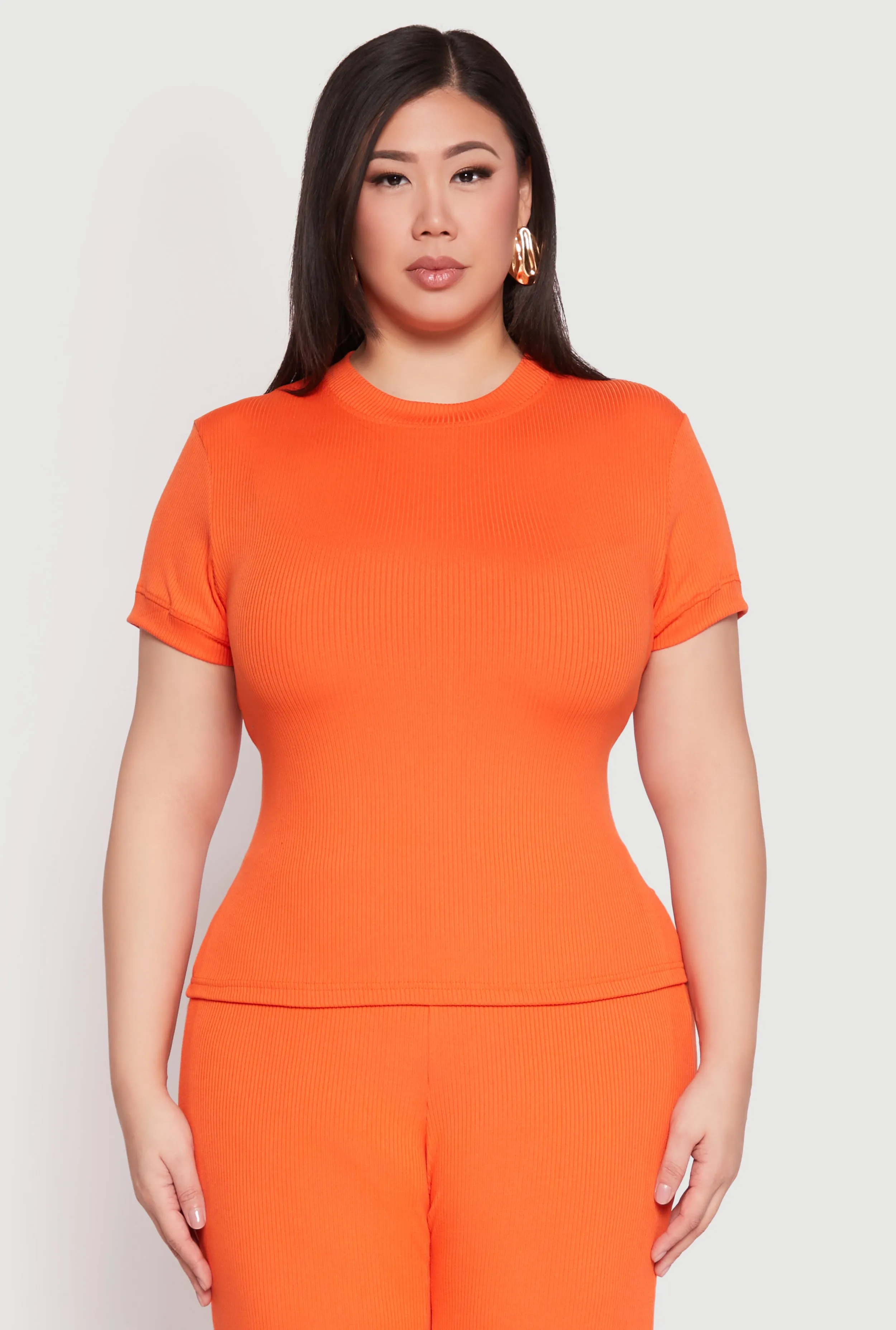 Plus Size Basic Ribbed Knit Crew Neck Top sold by Rainbow