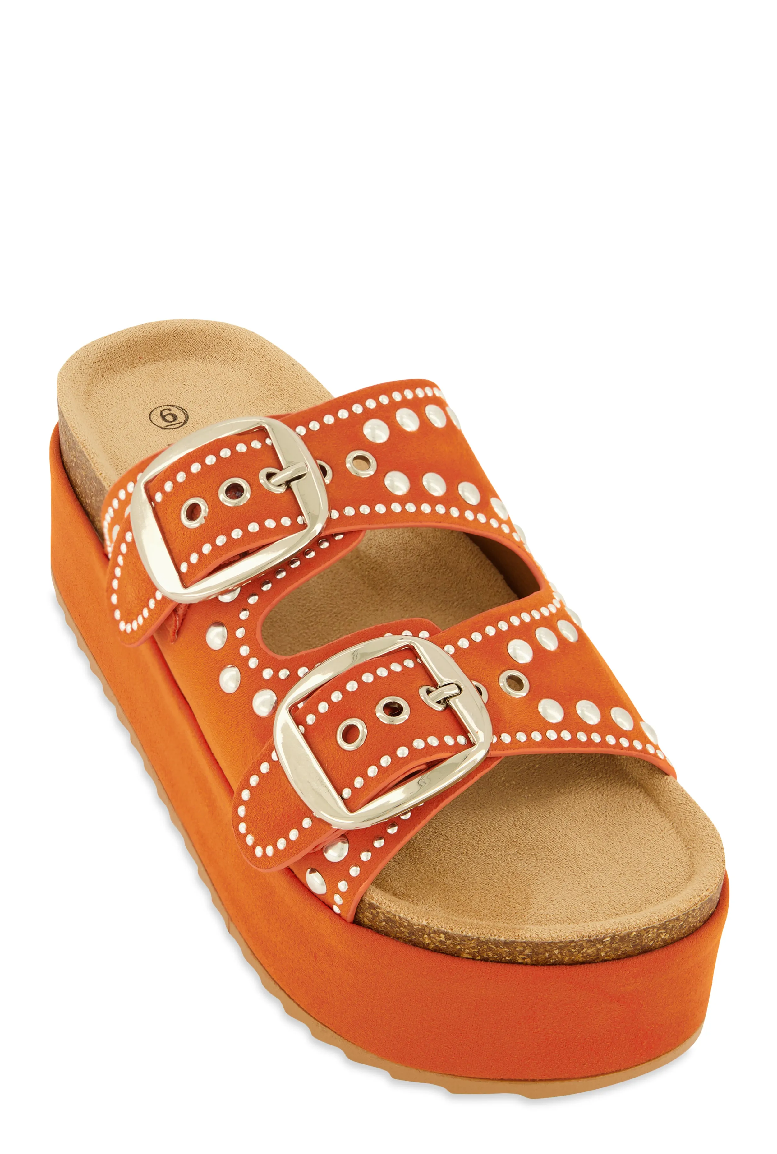 Faux Suede Studded Platform Footbed Sandals sold by Rainbow