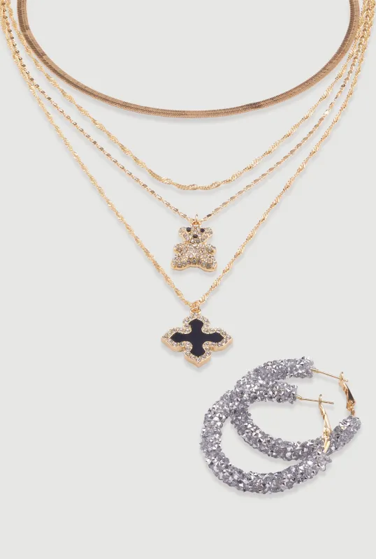 Assorted Charm Layered Necklace with Hoop Earrings sold by Rainbow