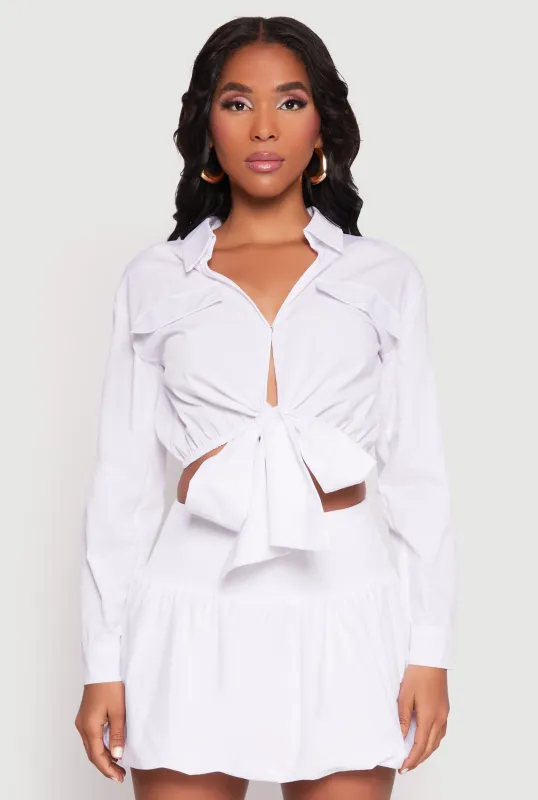 Poplin Faux Pocket Tie Front Crop Top sold by Rainbow