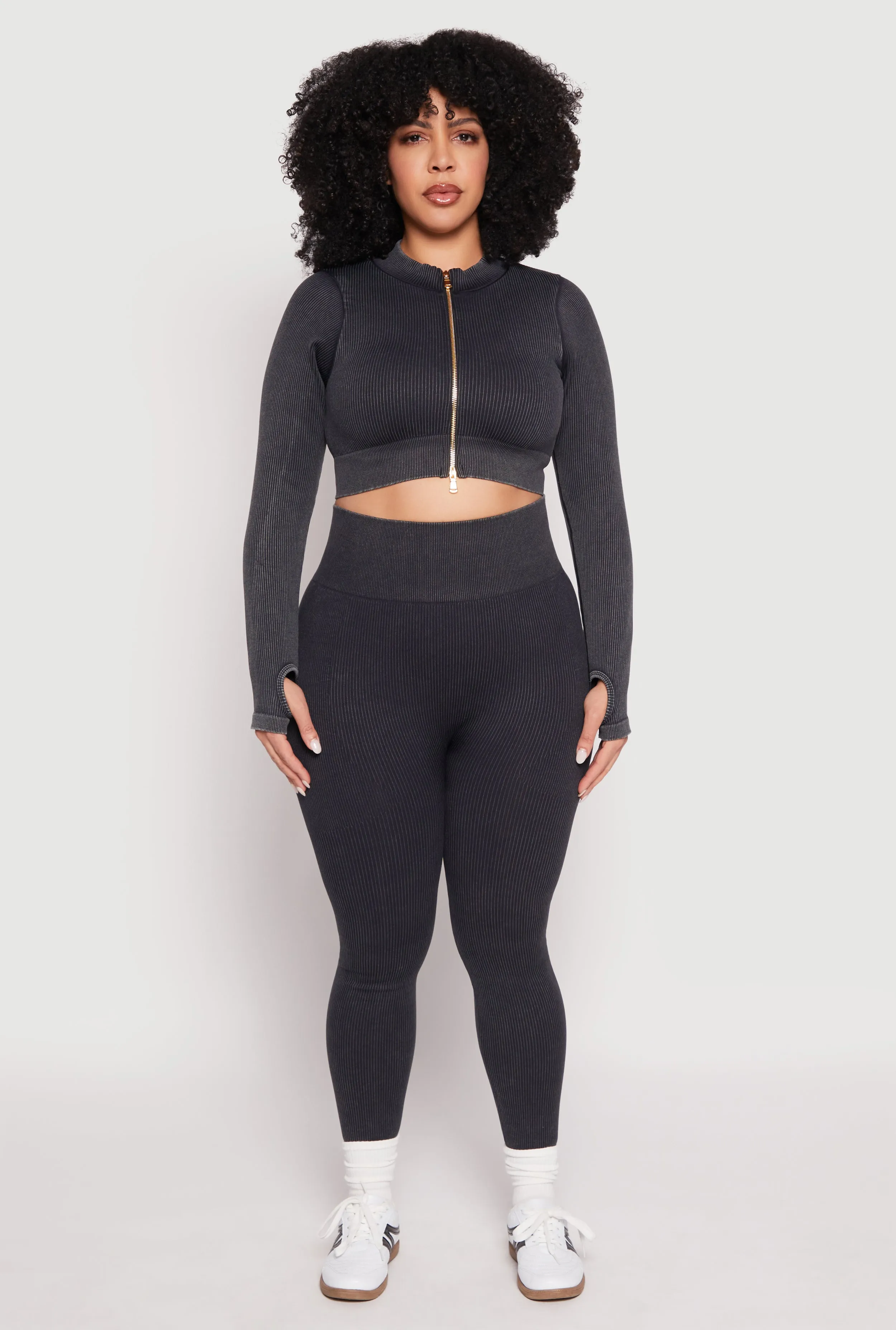 Plus Size Daisy Compression Rib Acid Wash Leggings sold by Rainbow