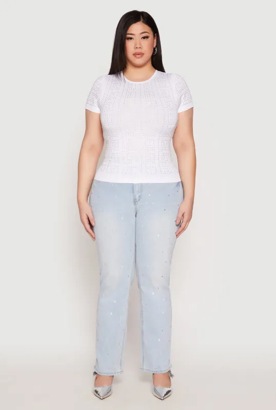 Plus Size Geometric Rhinestone Short Sleeve Top sold by Rainbow