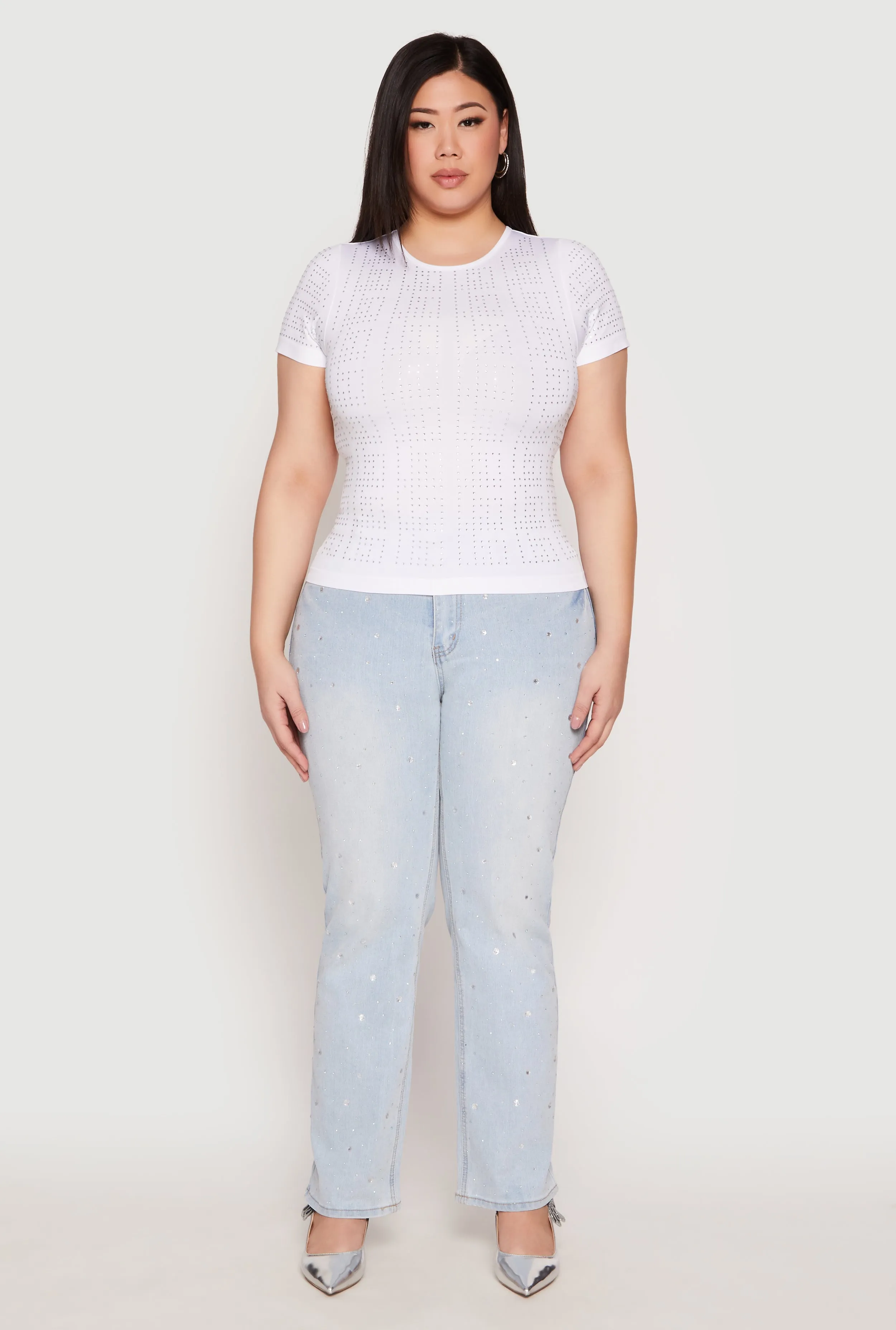 Plus Size Geometric Rhinestone Short Sleeve Top sold by Rainbow