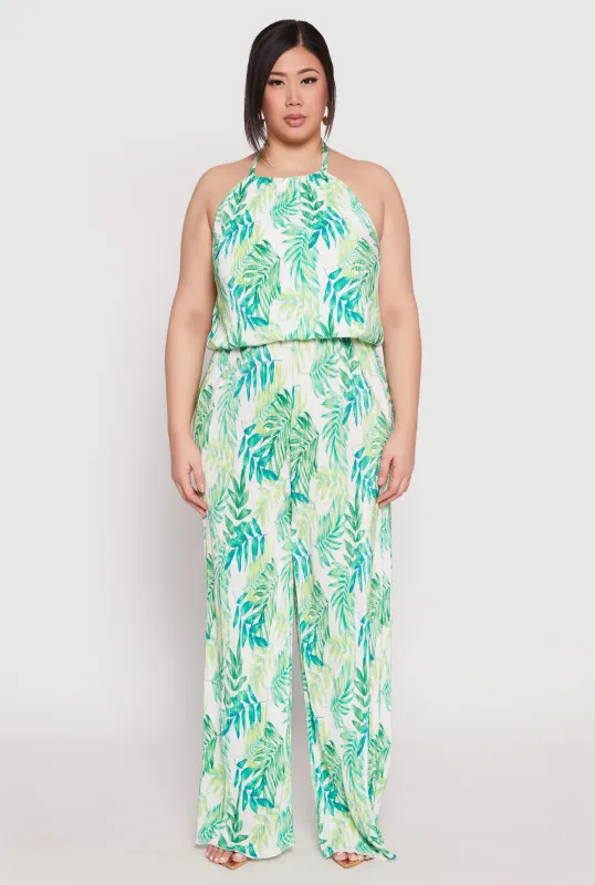 Plus Size Almost Famous Plisse Leaf Print Pants sold by Rainbow