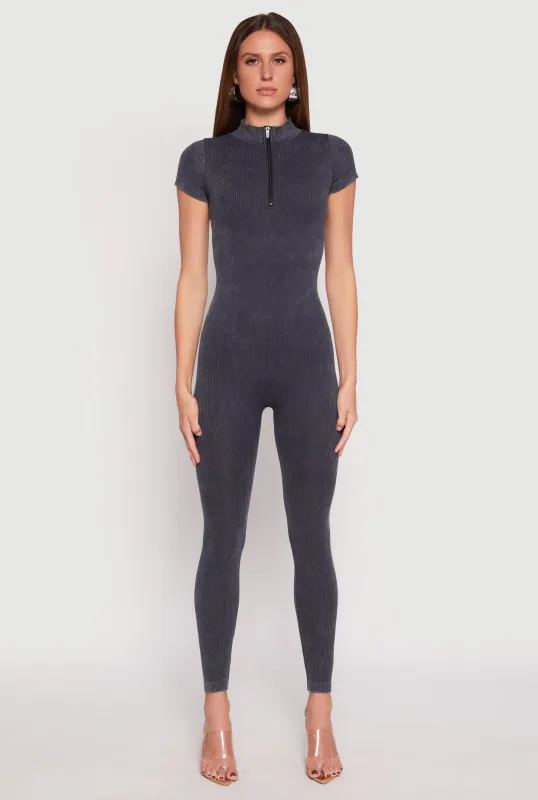 Mineral Wash Ribbed Knit Zip Front Catsuit sold by Rainbow