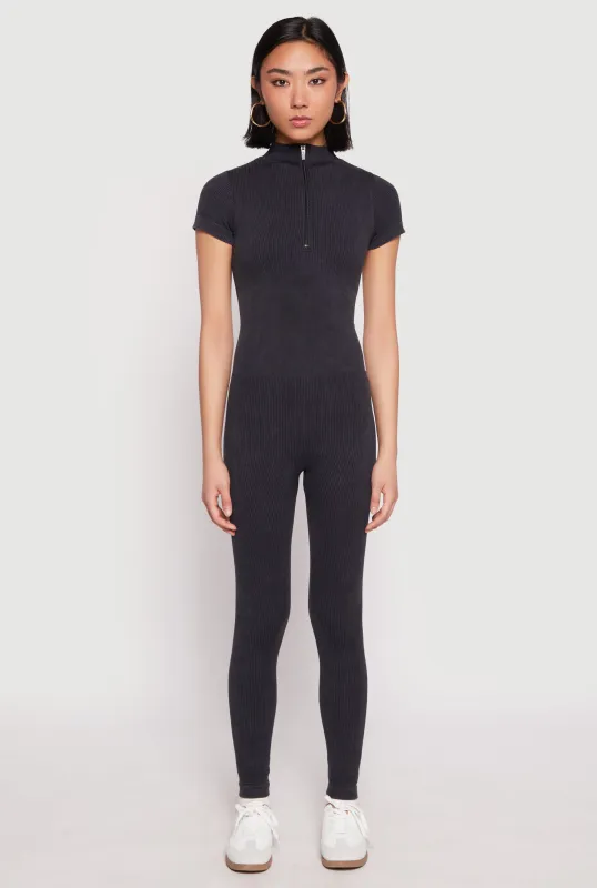 Mineral Wash Ribbed Knit Zip Front Catsuit sold by Rainbow