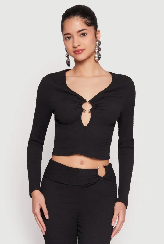 Textured Knit O Ring Keyhole Crop Top sold by Rainbow