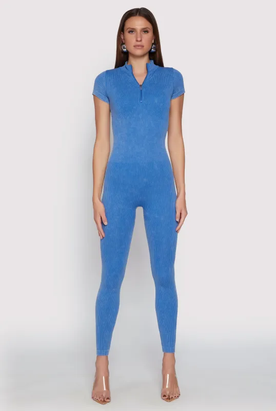 Mineral Wash Ribbed Knit Zip Front Catsuit sold by Rainbow