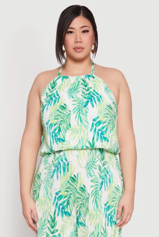 Plus Size Almost Famous Plisse Leaf Print Halter Top sold by Rainbow