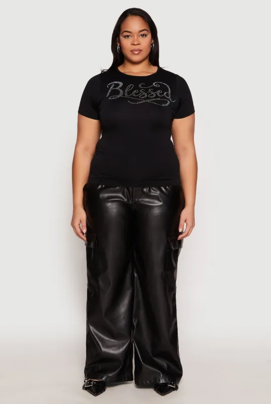 Plus Size Rhinestone Blessed Short Sleeve Top sold by Rainbow