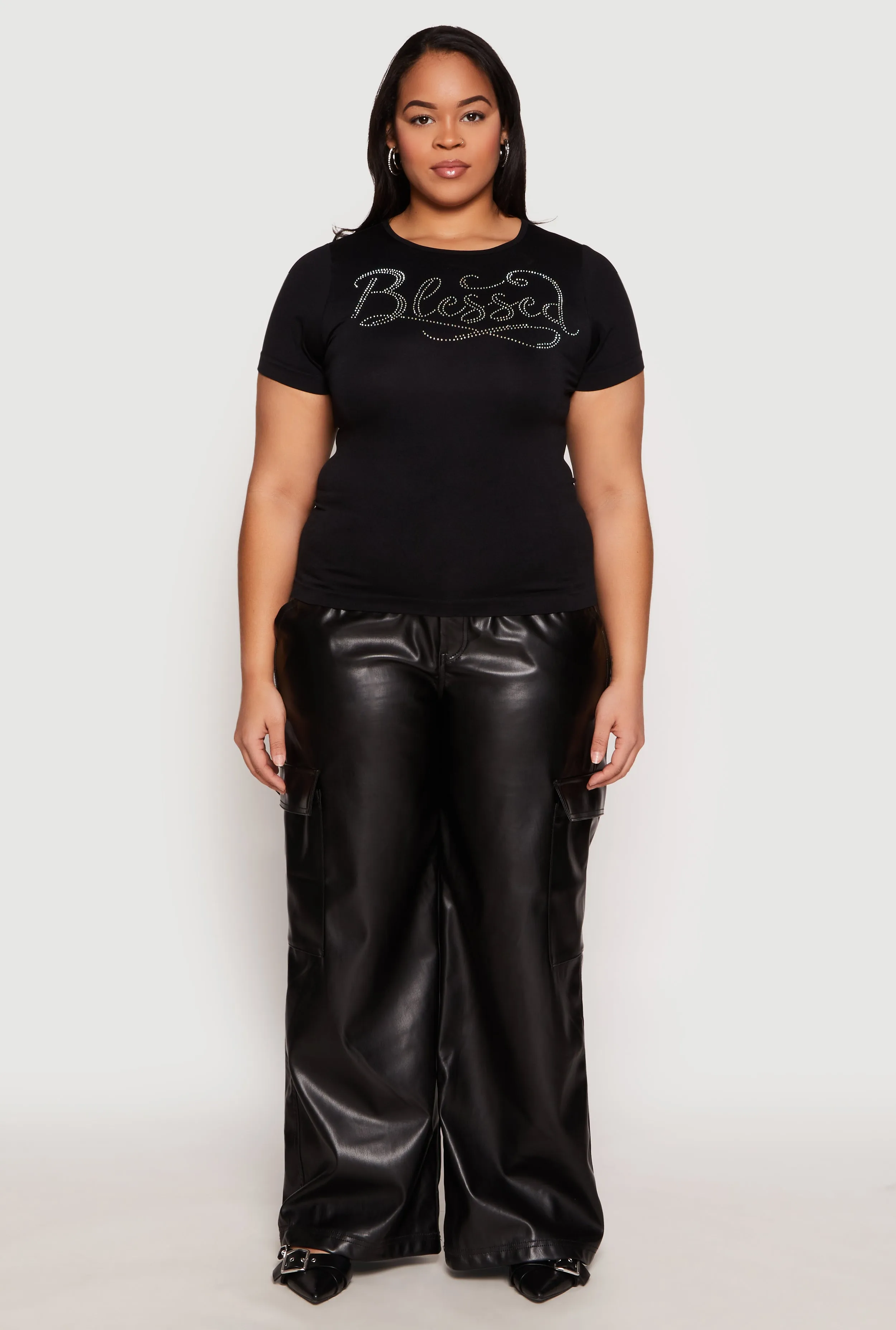 Plus Size Rhinestone Blessed Short Sleeve Top sold by Rainbow