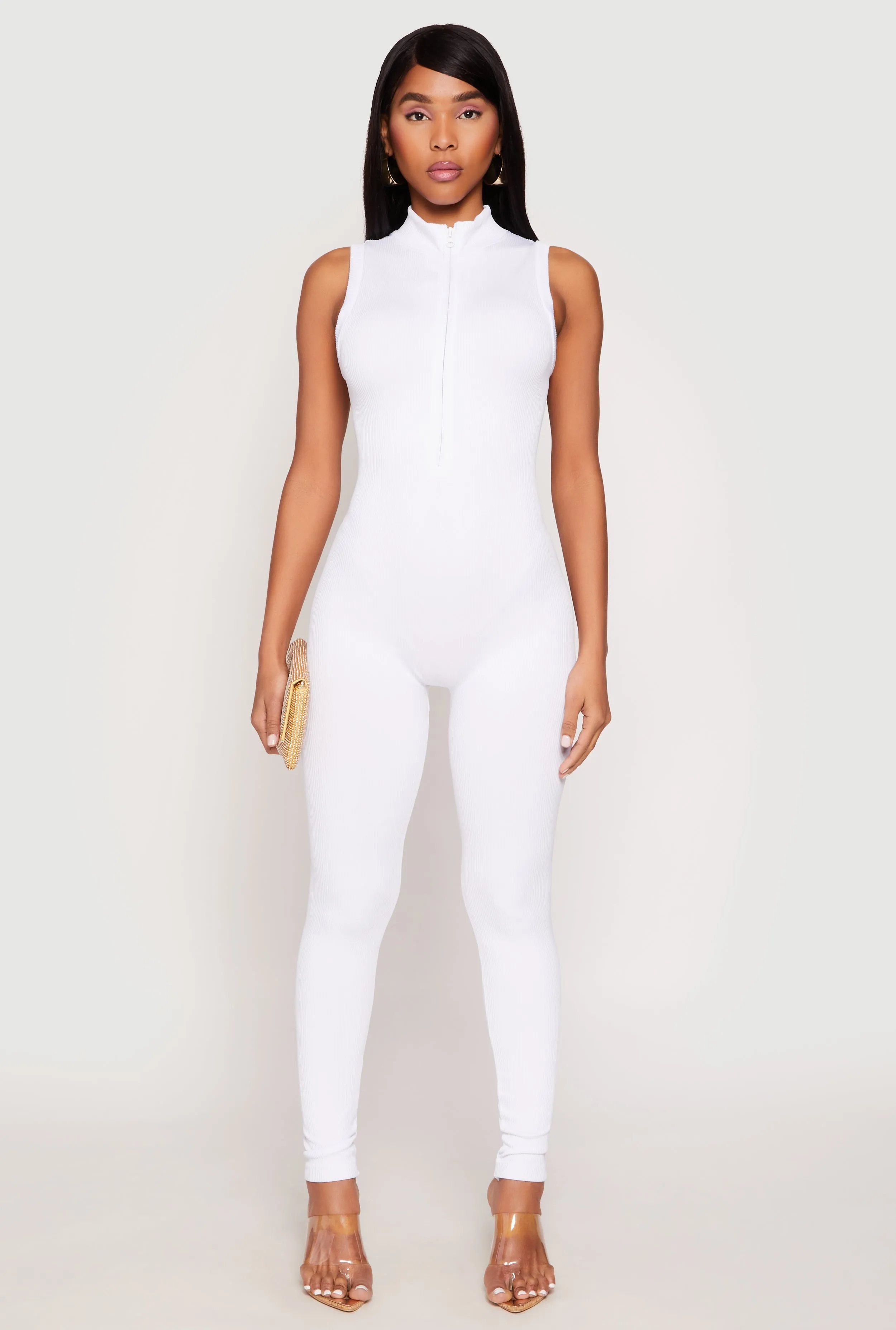 Ribbed Knit Sleeveless Half Zip Catsuit sold by Rainbow