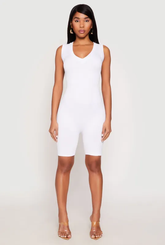 Ribbed Knit Sleeveless V Neck Romper sold by Rainbow