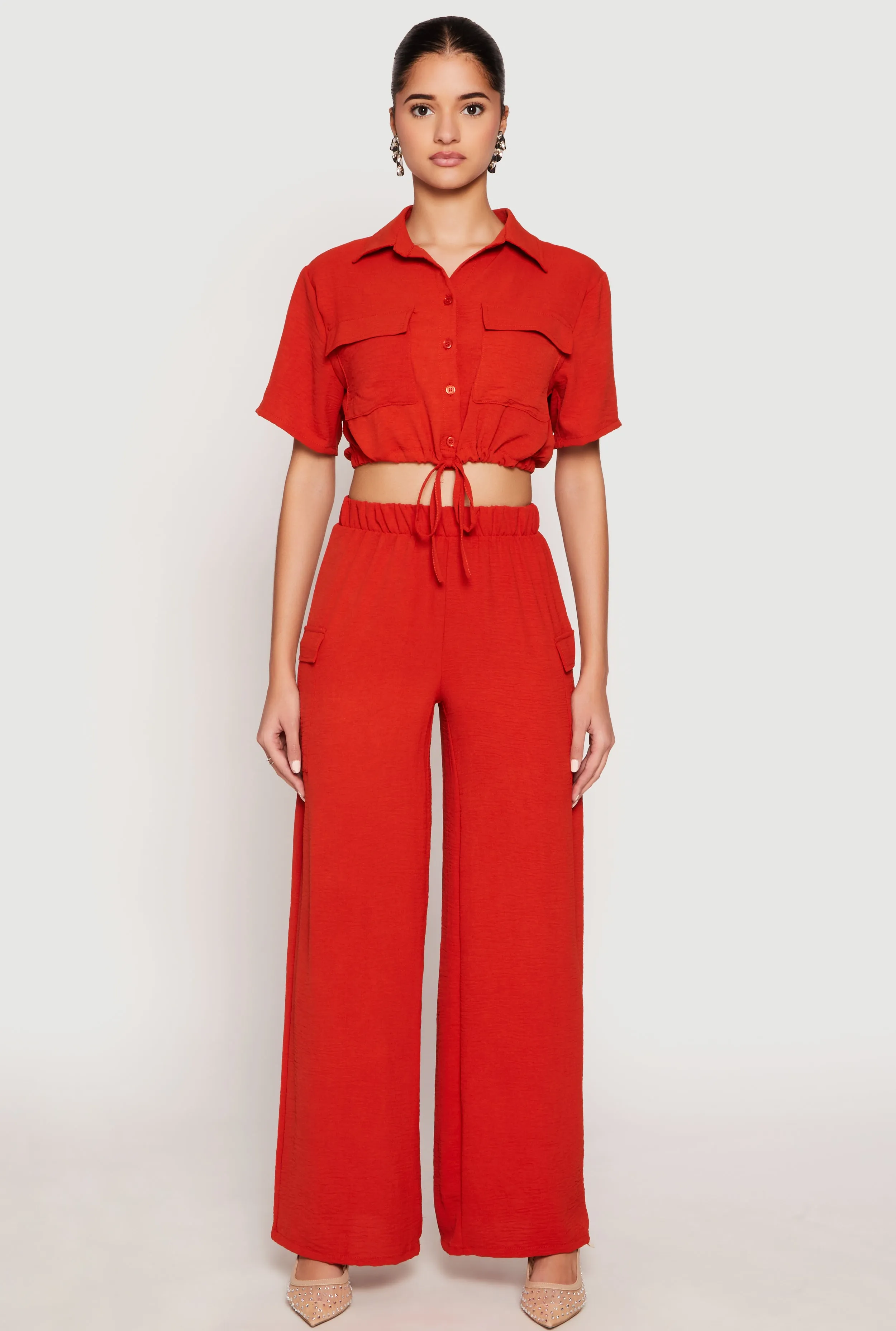 Crepe Knit Button Front Cropped Shirt and Wide Leg Pants sold by Rainbow