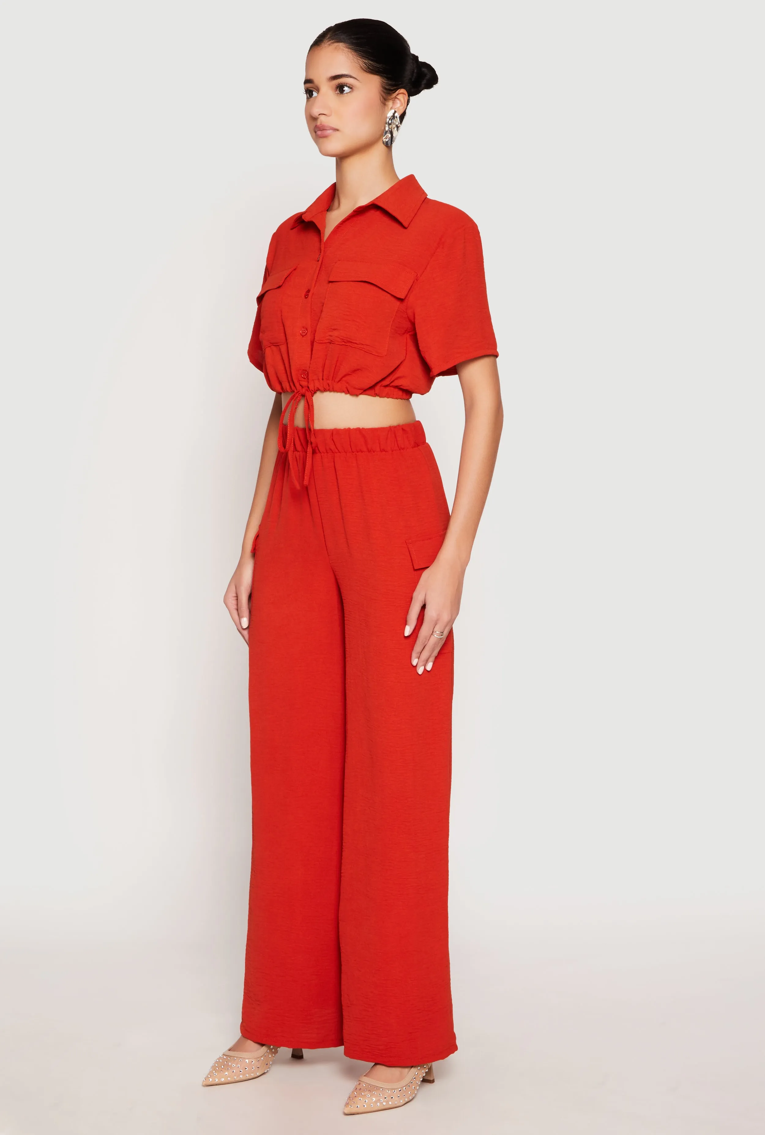 Crepe Knit Button Front Cropped Shirt and Wide Leg Pants sold by Rainbow product image thumbnail 2