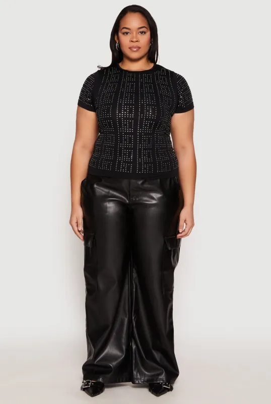 Plus Size Geometric Rhinestone Short Sleeve Top sold by Rainbow