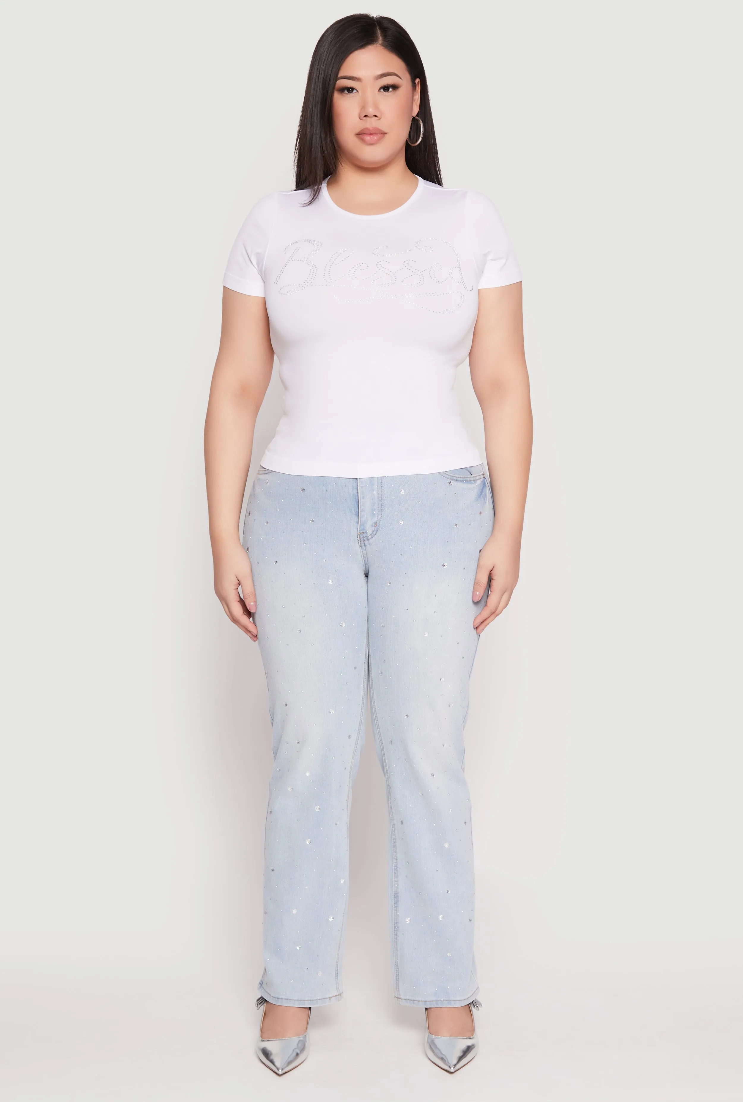Plus Size Rhinestone Blessed Short Sleeve Top sold by Rainbow