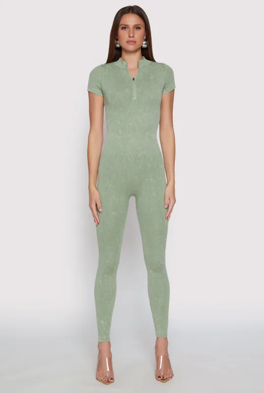 Mineral Wash Ribbed Knit Zip Front Catsuit sold by Rainbow
