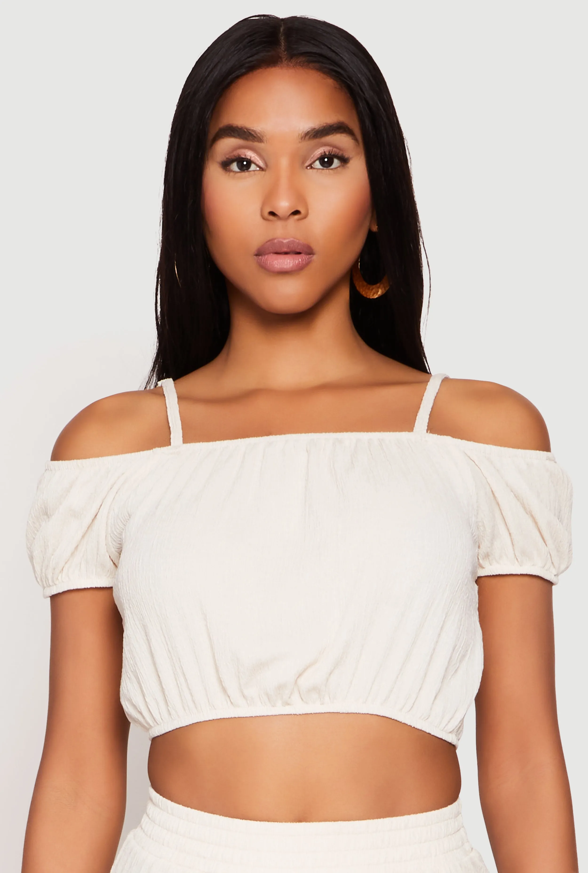 Almost Famous Textured Knit Cold Shoulder Crop Top sold by Rainbow