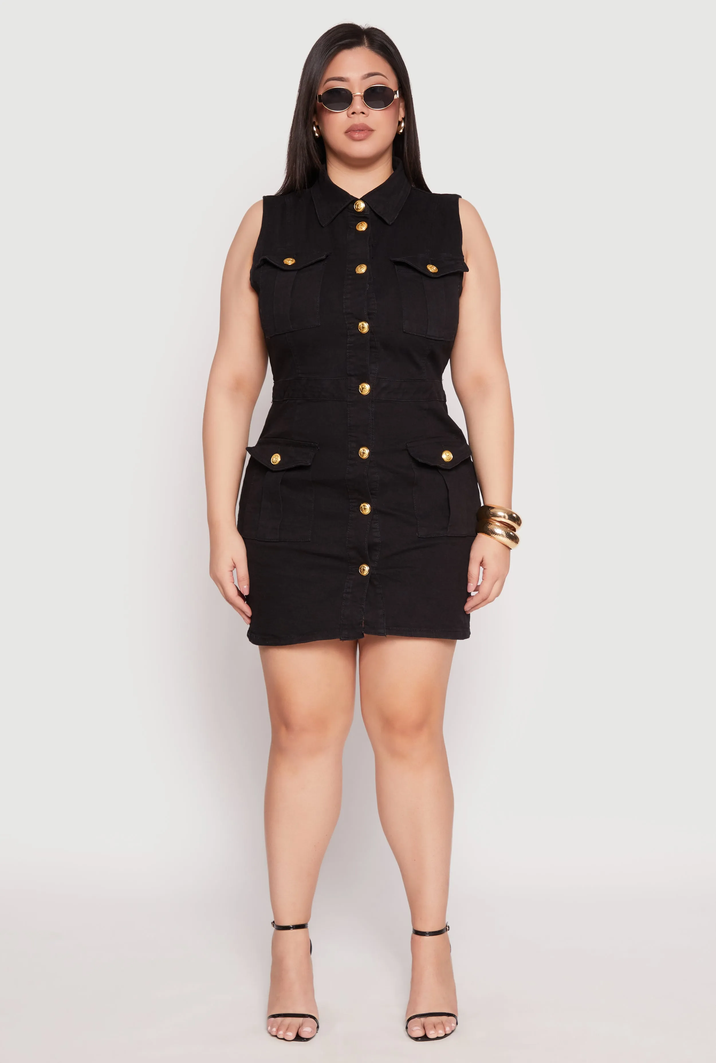 Plus Size Daisy Sleeveless Denim Utility Mini Dress sold by Rainbow