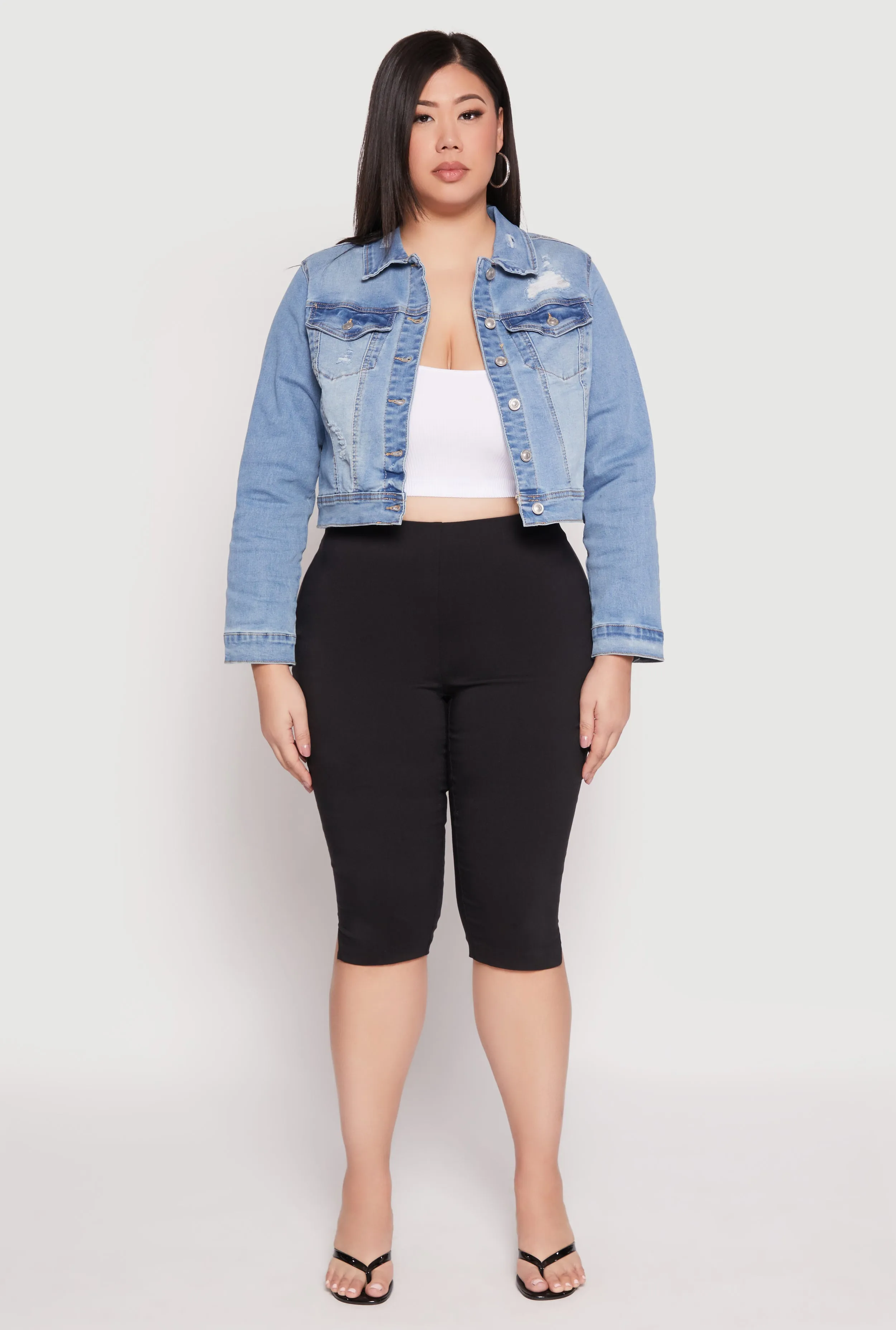 Plus Size WAX Distressed Cropped Denim Jacket sold by Rainbow