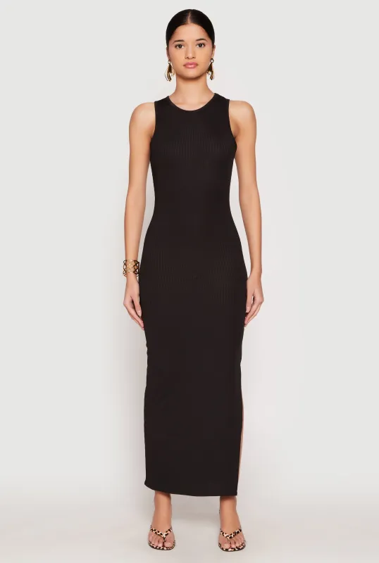 Ribbed Knit Side Slit Tank Maxi Dress sold by Rainbow