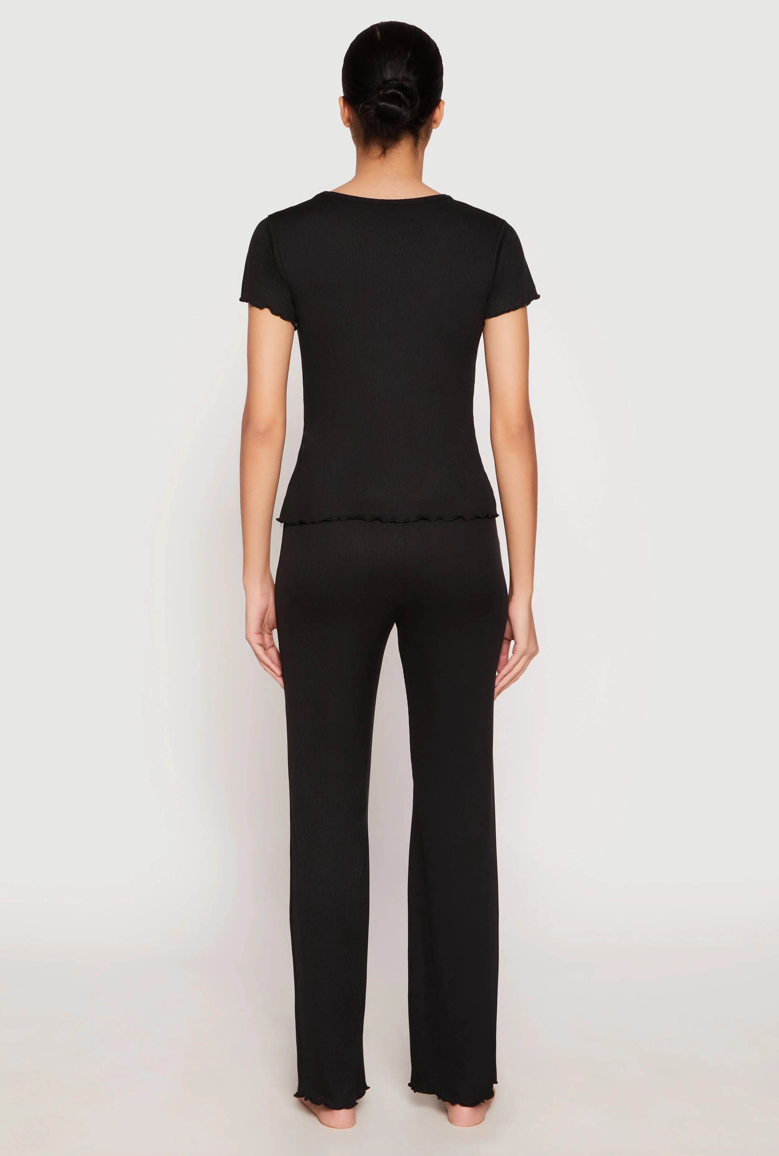 Rib Knit Rose Ruched Pajama T Shirt and Wide Leg Pants sold by Rainbow product image thumbnail 3