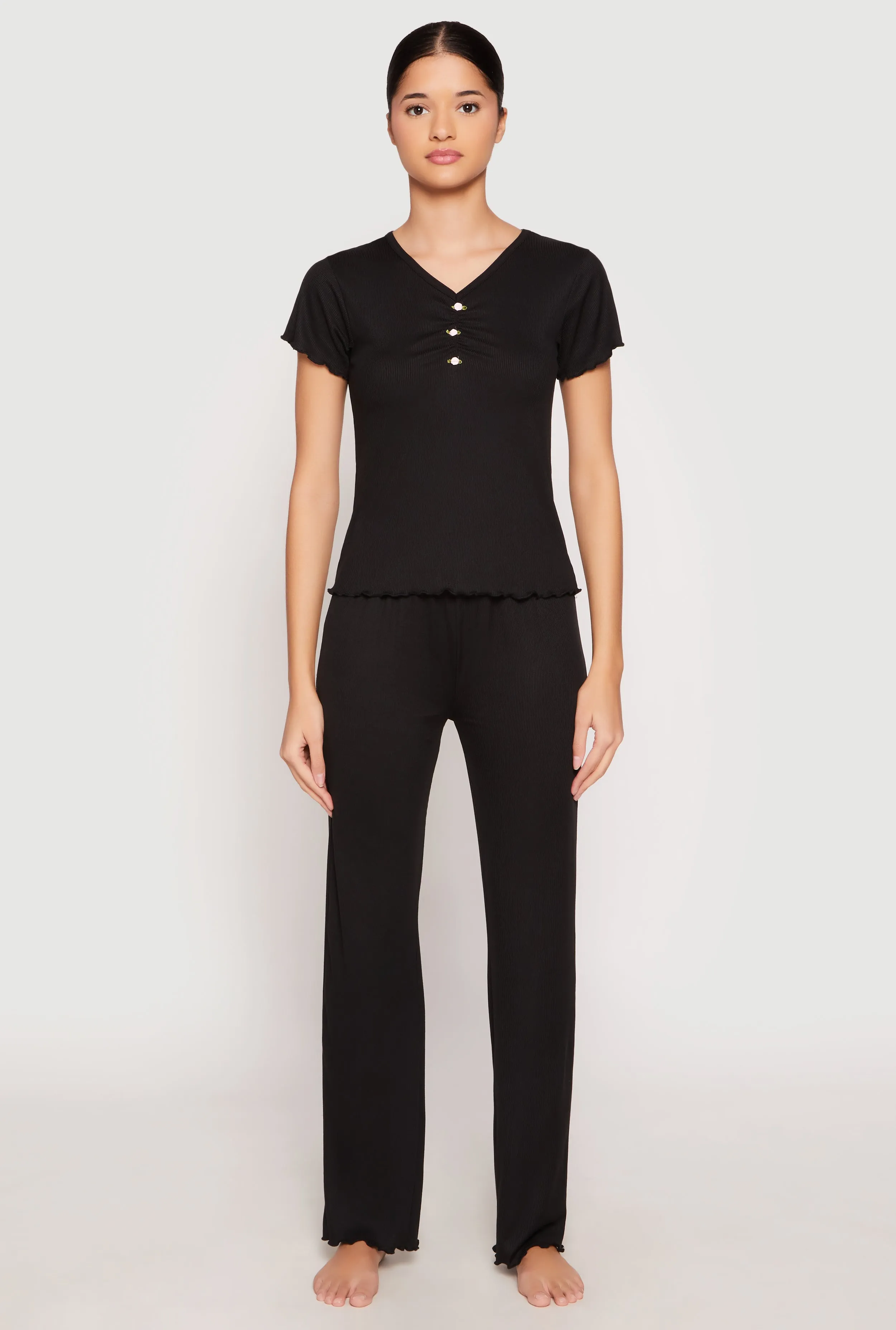 Rib Knit Rose Ruched Pajama T Shirt and Wide Leg Pants sold by Rainbow