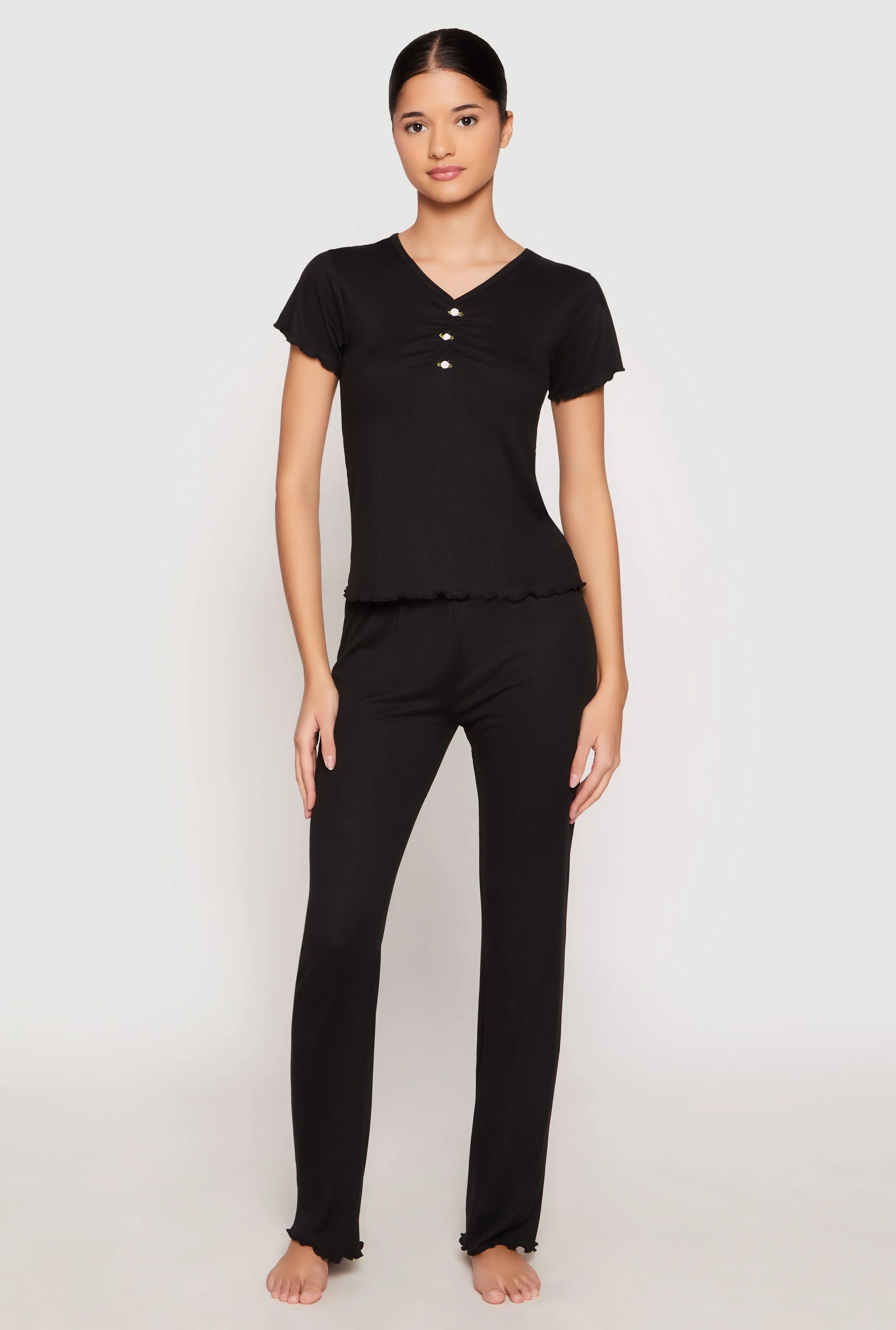 Rib Knit Rose Ruched Pajama T Shirt and Wide Leg Pants sold by Rainbow product image thumbnail 2