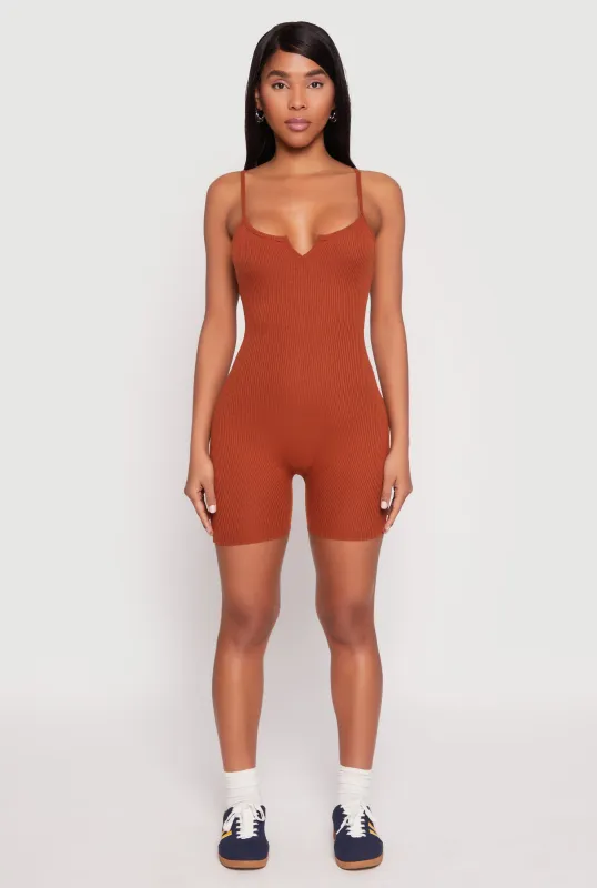 Ribbed Knit Notch Neck Cami Romper sold by Rainbow