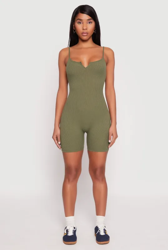 Ribbed Knit Notch Neck Cami Romper sold by Rainbow