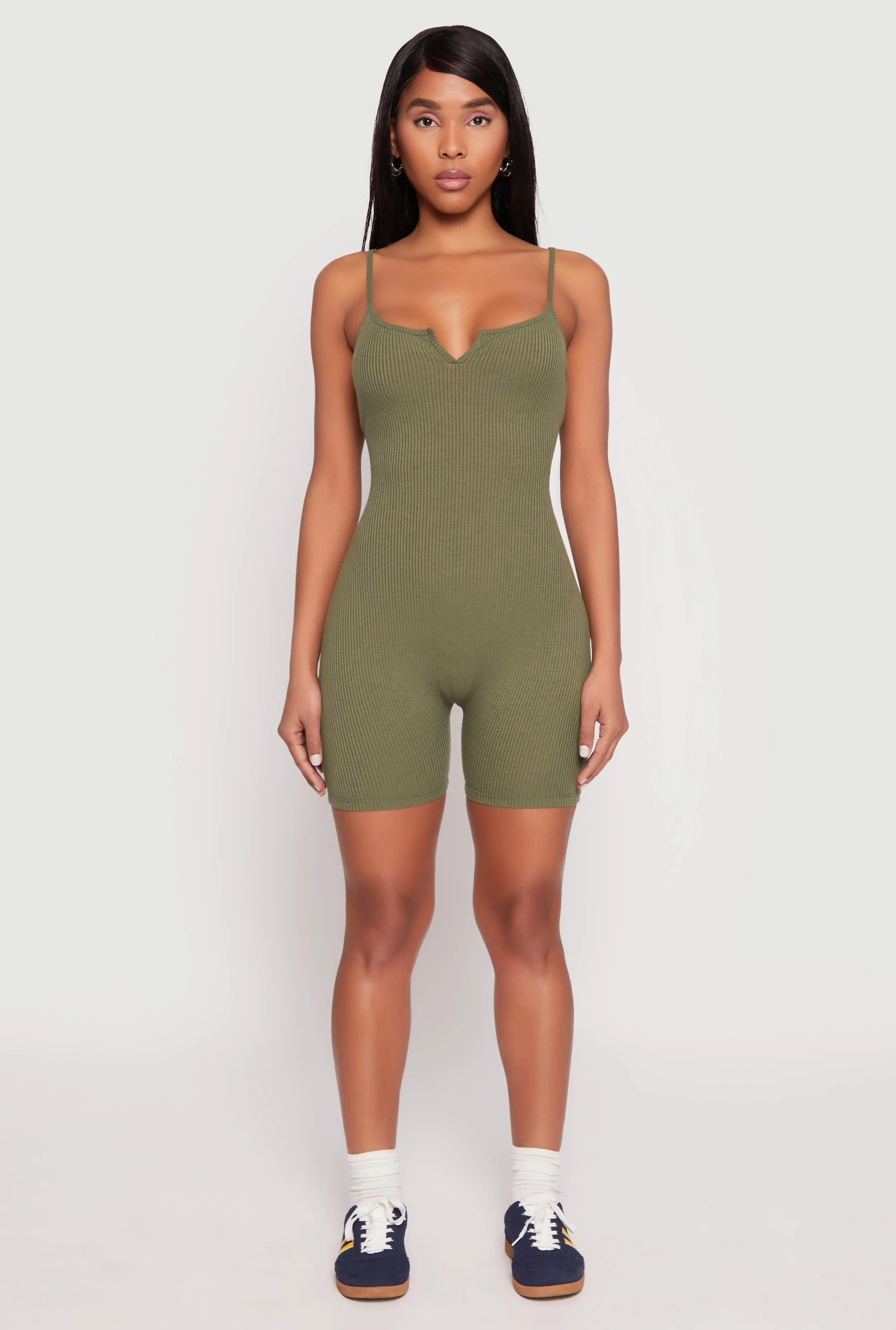 Ribbed Knit Notch Neck Cami Romper sold by Rainbow