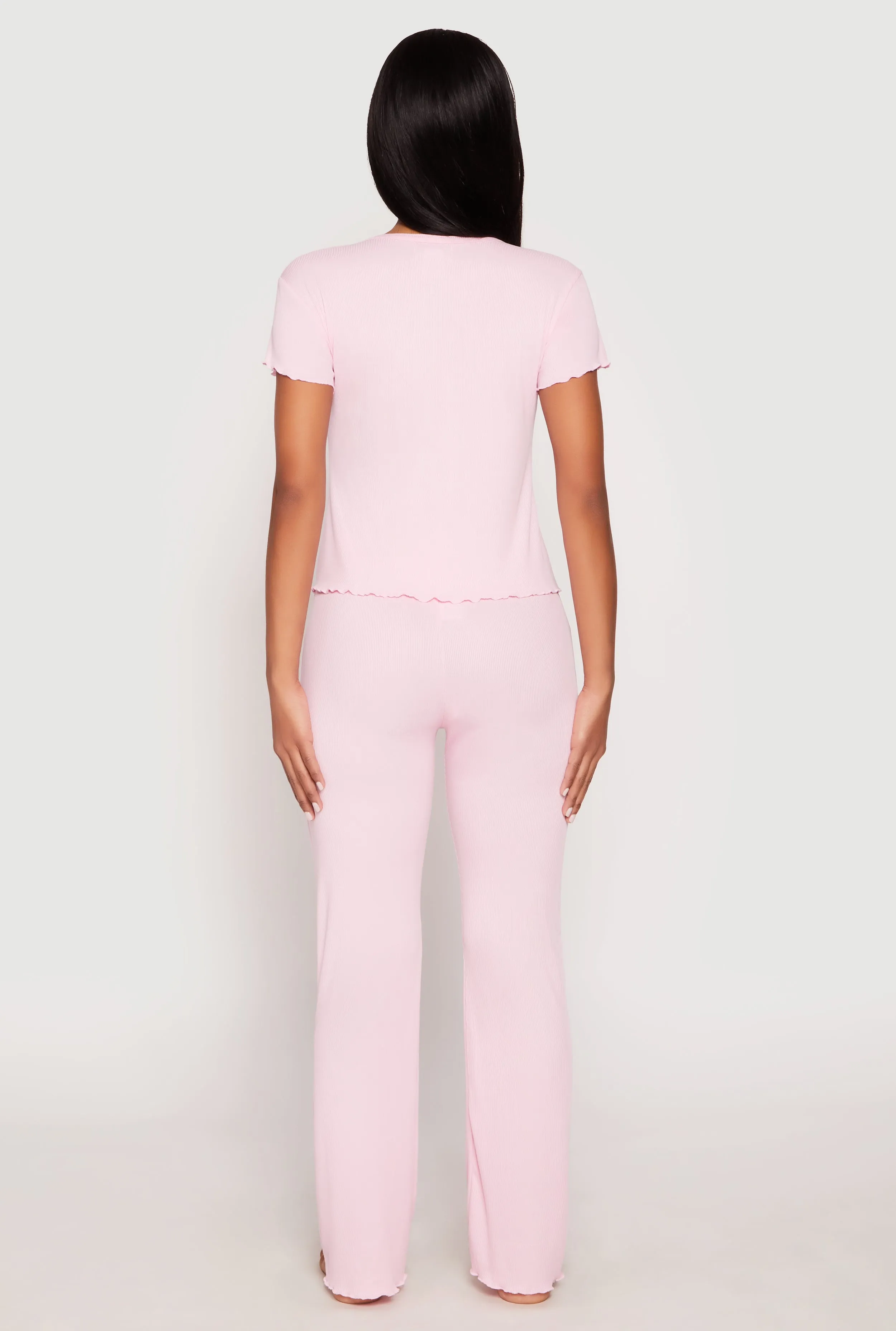 Rib Knit Rose Ruched Pajama T Shirt and Wide Leg Pants sold by Rainbow product image thumbnail 3