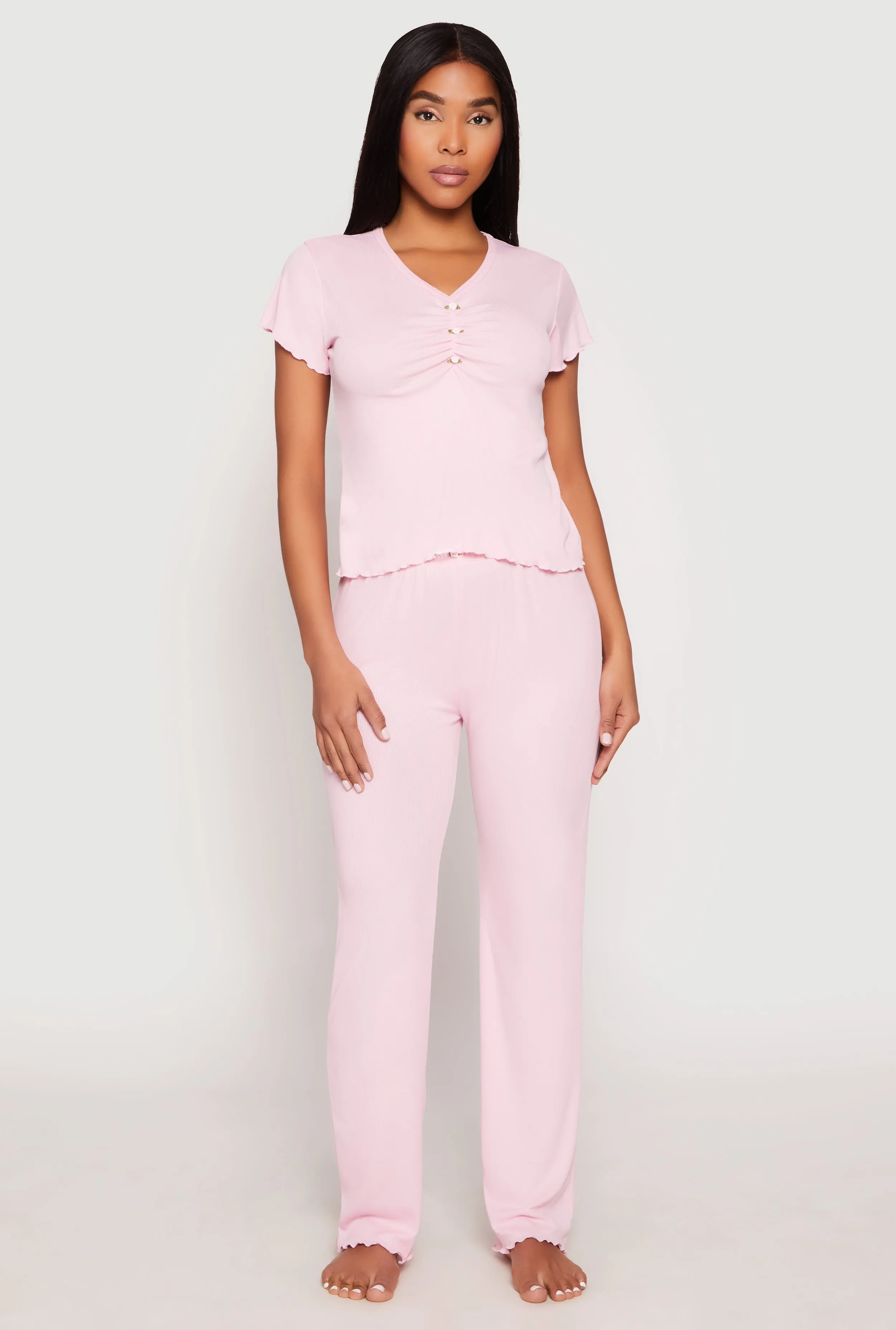 Rib Knit Rose Ruched Pajama T Shirt and Wide Leg Pants sold by Rainbow product image thumbnail 2