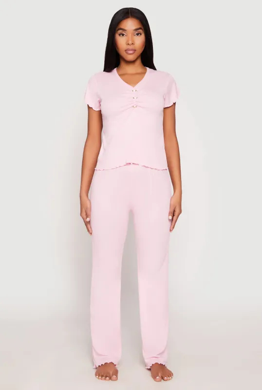 Rib Knit Rose Ruched Pajama T Shirt and Wide Leg Pants sold by Rainbow