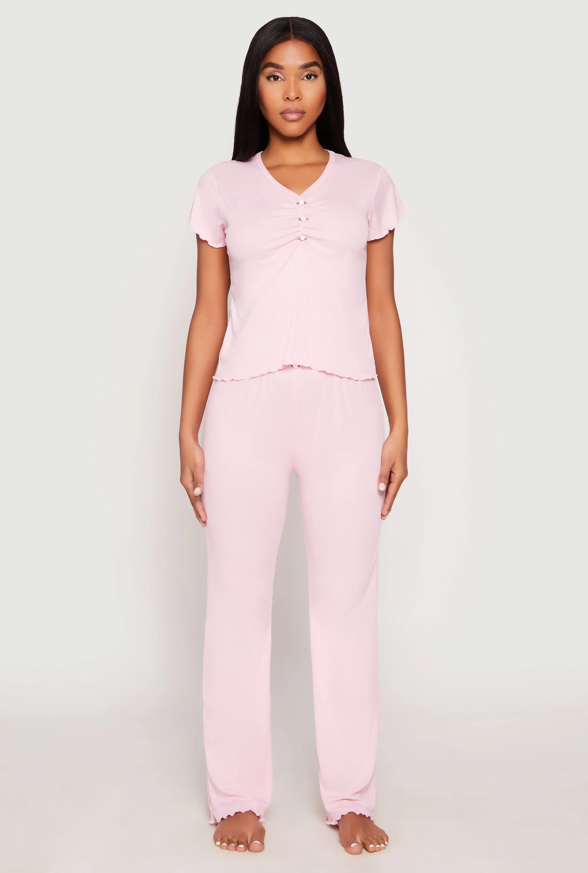 Rib Knit Rose Ruched Pajama T Shirt and Wide Leg Pants sold by Rainbow