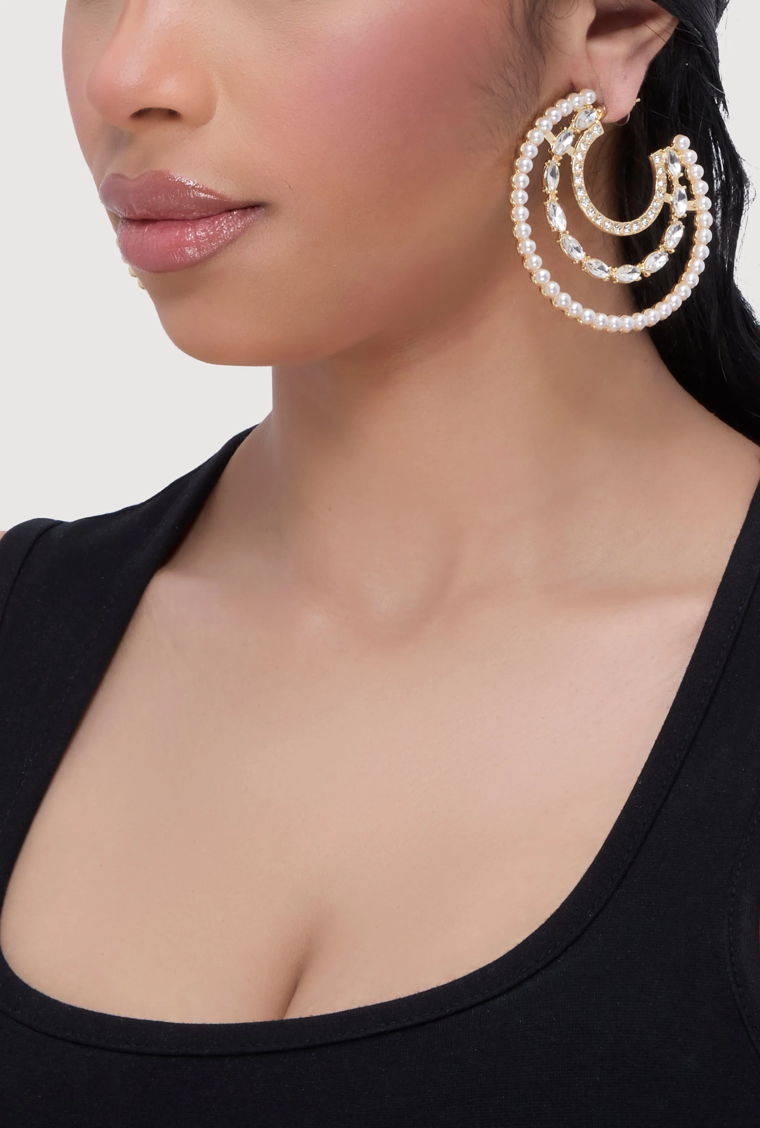 Faux Pearl Rhinestone Crescent Moon Earrings sold by Rainbow product image thumbnail 2