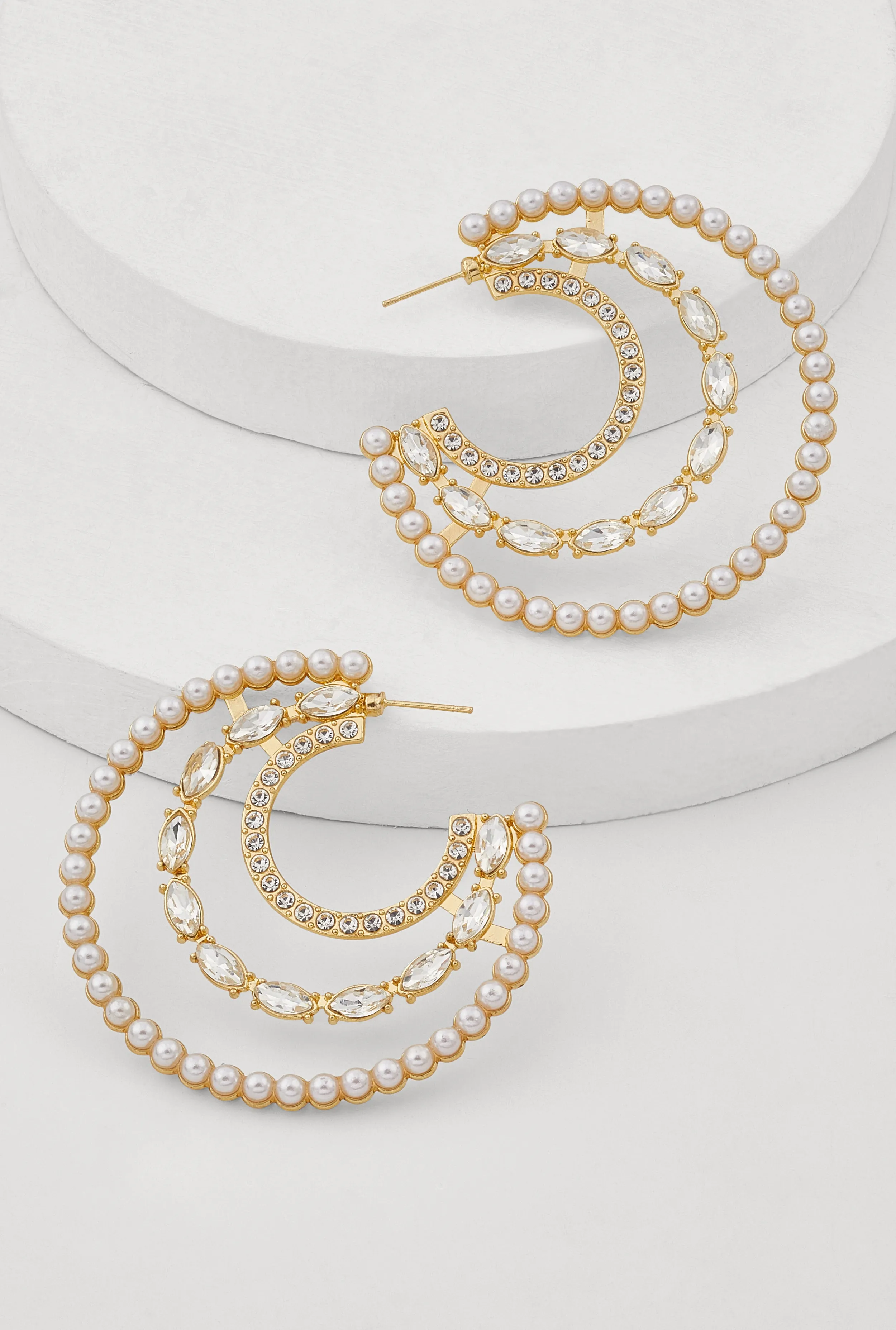 Faux Pearl Rhinestone Crescent Moon Earrings sold by Rainbow