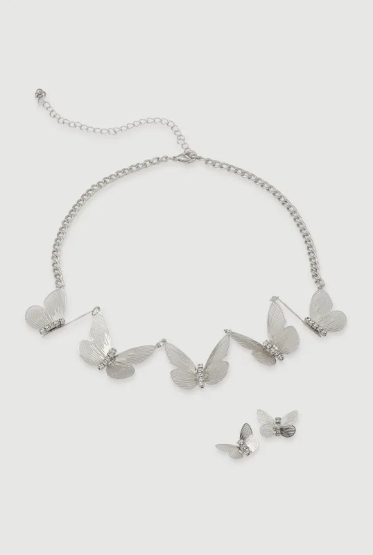 Cubic Zirconia Butterfly Chain Necklace and Stud Earrings sold by Rainbow
