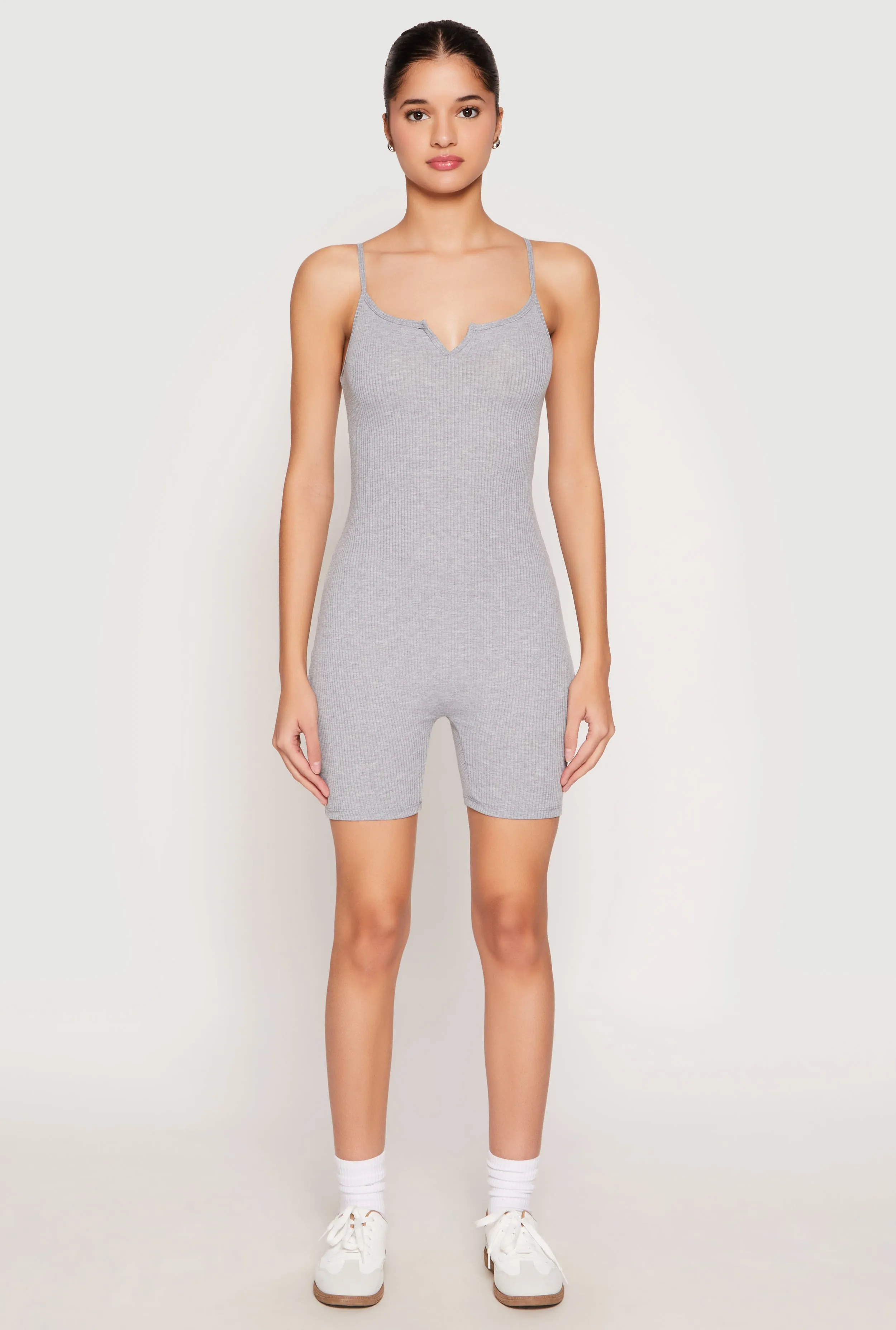 Ribbed Knit Notch Neck Cami Romper sold by Rainbow