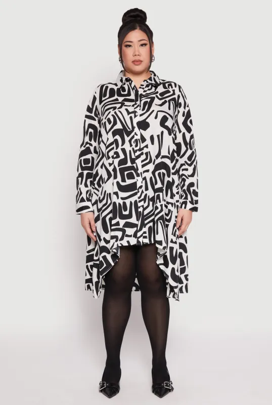 Plus Size Abstract Patterned High Low Shirt Dress sold by Rainbow